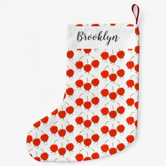 かわいいジャンプ赤さくらんぼ漫画イラストレーション スモールクリスマスストッキング (裏面)