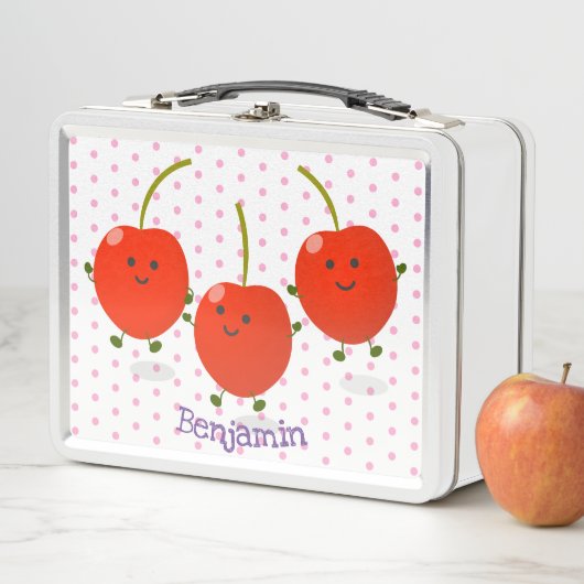 かわいいジャンプ赤さくらんぼ漫画イラストレーション メタルランチボックス (インサイチュ)