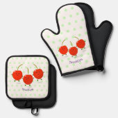 かわいいジャンプ赤さくらんぼ漫画イラストレーション 鍋つかみ&鍋敷きセット (正面/裏面)