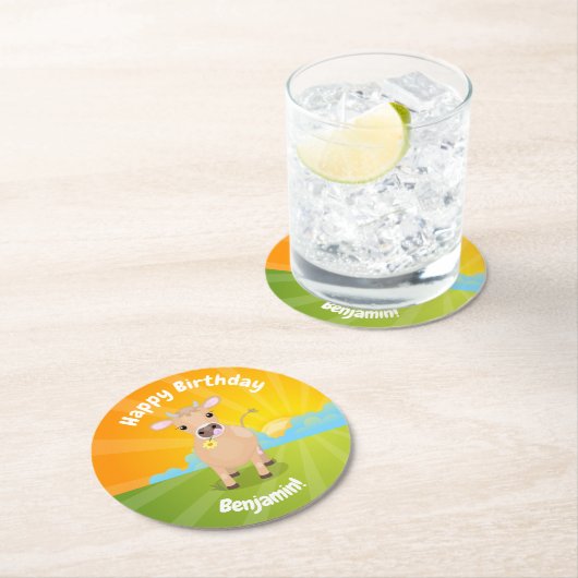 かわいいジャージーの牛のパーソナライズされた誕生日 ラウンドペーパーコースター (インサイチュ)