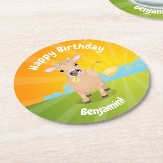 かわいいジャージーの牛のパーソナライズされた誕生日 ラウンドペーパーコースター (アングル)