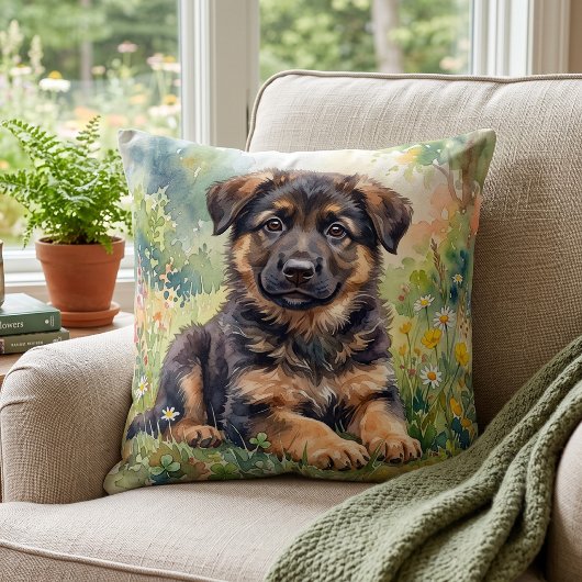 かわいいジャーマンシェパードの子犬の水彩画 クッション