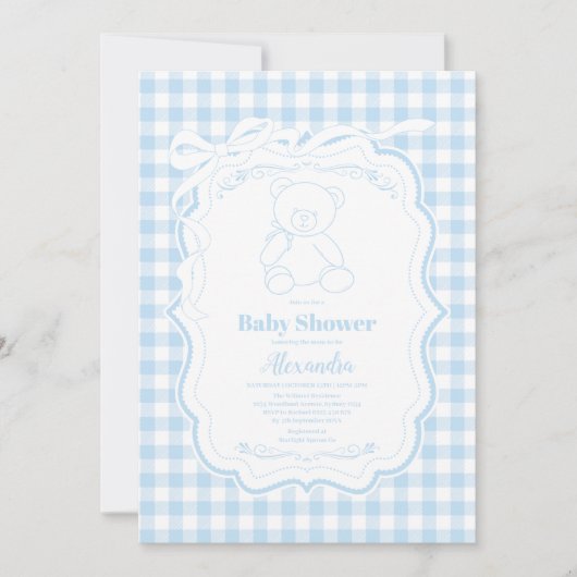 かわいいジンガムフランスのテディベア赤ちゃんシャワー 招待状 (正面)