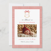 かわいいジンガムモノグラムのクリスマス誕生 案内状 (正面)