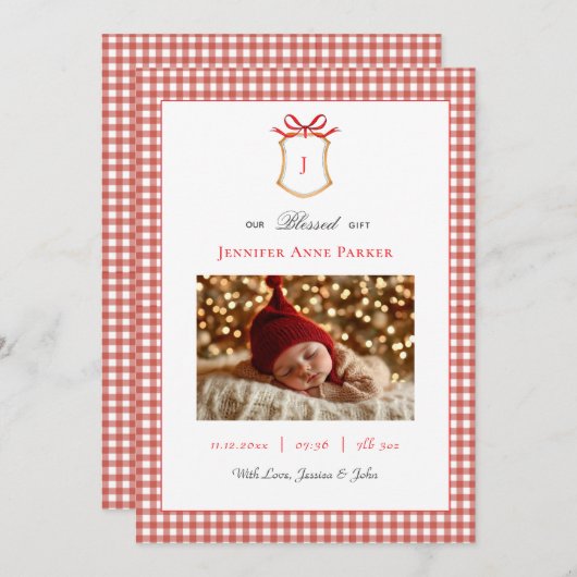かわいいジンガムモノグラムのクリスマス誕生 案内状 (正面/裏面)