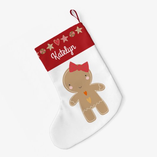 かわいいジンガーブレッドガールホリデークッキー縁ど名前 スモールクリスマスストッキング (裏面 (吊り時))