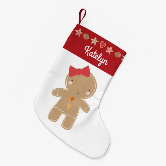 かわいいジンガーブレッドガールホリデークッキー縁ど名前 スモールクリスマスストッキング (正面 (吊り時))