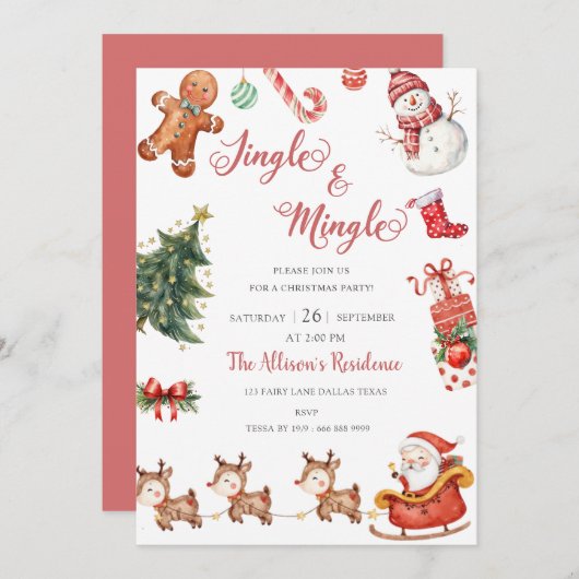 かわいいジングル&ミングルレッドクリスマスパーティー 招待状 (正面/裏面)