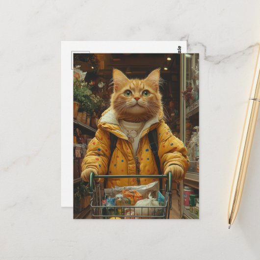 かわいいジンジャーの猫がお買い物 ポストカード (正面/裏面インサイチュ)