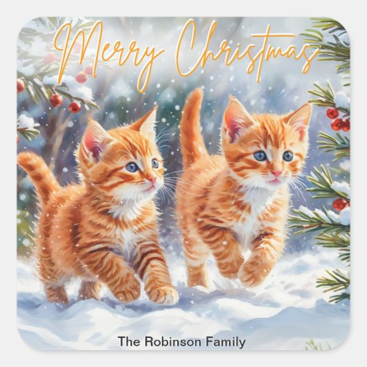 かわいいジンジャーキティの猫たち 雪の中 メリークリスマス スクエアシール (正面)