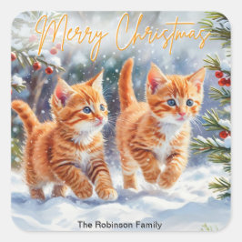 かわいいジンジャーキティの猫たち 雪の中 メリークリスマス スクエアシール