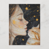 かわいいジンジャーキャットと女性 ポストカード (正面)