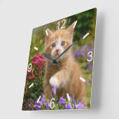 かわいいジンジャーキャットキットインガーデンフォトダイヤルプレート スクエア壁時計 (傾斜)