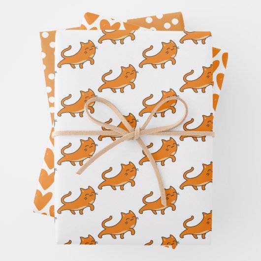 かわいいジンジャーキャットマンガ&オレンジ色の水玉模様キッズ ラッピングペーパーシート (インサイチュ)