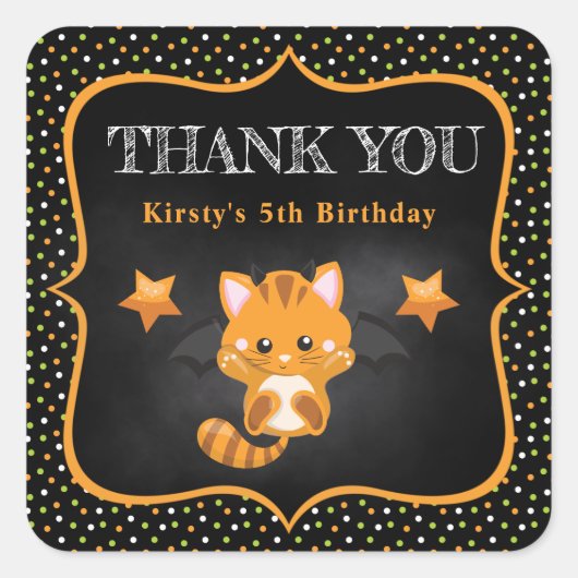 かわいいジンジャーハロウィーンキャット&水玉模様誕生日 スクエアシール (正面)