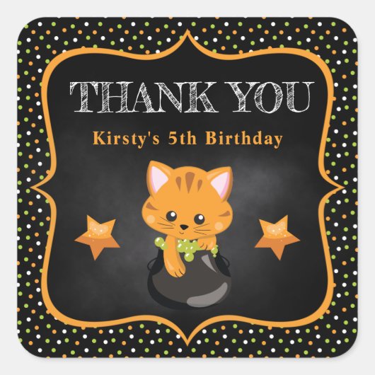 かわいいジンジャーハロウィーンキャット&水玉模様誕生日 スクエアシール (正面)