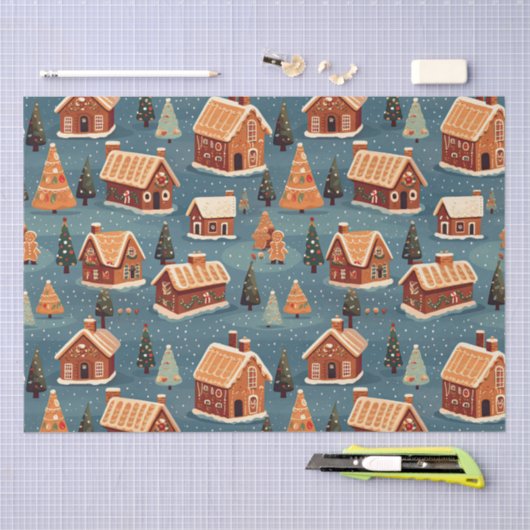 かわいいジンジャーブレッドの家と木 薄葉紙 (クラフト)