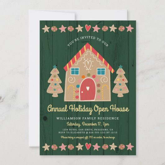 かわいいジンジャーブレッドオープンハウスグリーンクリ素朴スマス 招待状 (正面)
