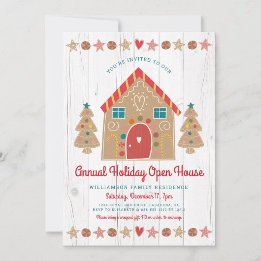かわいいジンジャーブレッドオープンハウス素朴クリスマスパーティー 招待状 (正面)