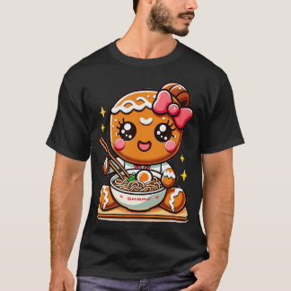かわいいジンジャーブレッドガールのラーメン食べるデザイン Tシャツ