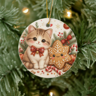 かわいいジンジャーブレッドキャットのクリスマスオーナメント セラミックオーナメント