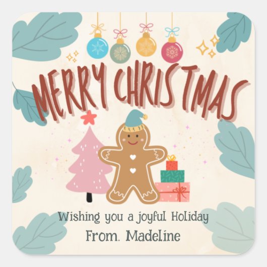 かわいいジンジャーブレッドクリスマスホリデースティッカー スクエアシール (正面)