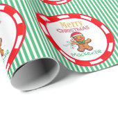 かわいいジンジャーブレッドクリスマス名前をカスタムするグリーン ラッピングペーパー (ロールコーナー)