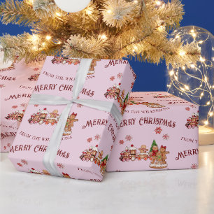 かわいいジンジャーブレッドトレインと家族のピンクのクリスマス ラッピングペーパー