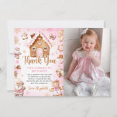 かわいいジンジャーブレッドハウスの女の子の誕生日写真 サンキューカード (正面)