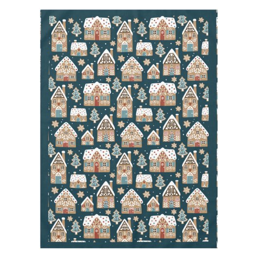 かわいいジンジャーブレッドハウス&クッキーブルークリスマス テーブルクロス (正面)