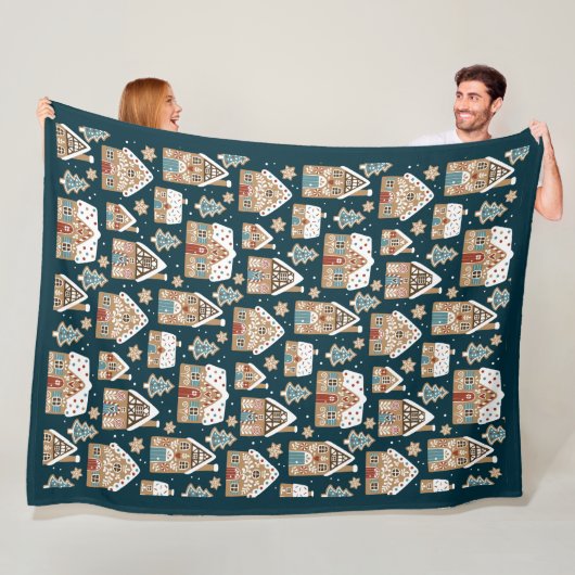 かわいいジンジャーブレッドハウス&クッキーブルークリスマス フリースブランケット (インサイチュ)