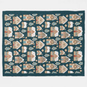 かわいいジンジャーブレッドハウス&クッキーブルークリスマス フリースブランケット (正面(横))