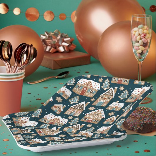 かわいいジンジャーブレッドハウス&クッキーブルークリスマス ペーパープレート (複数)