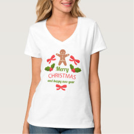 かわいいジンジャーブレッドファミリー クリスマスVネック アメリカ Tシャツ