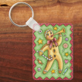 かわいいジンジャーブレッドマンがホルンを吹く、クリスマスのお菓子 キーホルダー (正面)