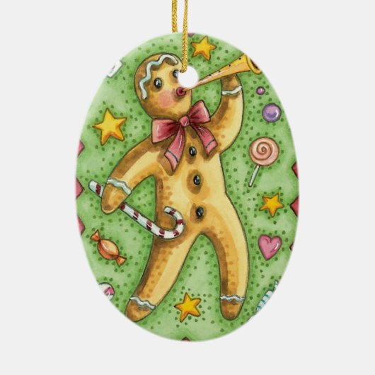 かわいいジンジャーブレッドマンがホルンを吹く、クリスマスのお菓子 セラミックオーナメント (裏面)