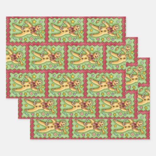 かわいいジンジャーブレッドマンがホルンを吹く、クリスマスのお菓子 ラッピングペーパーシート (セット)