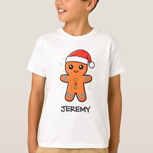 かわいいジンジャーブレッドマンとサンタハットクリスマス Tシャツ (正面)