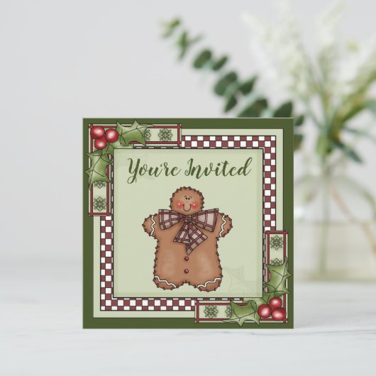 かわいいジンジャーブレッドマンとホリークリスマスパーティー 招待状 (スタンド正面)