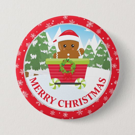かわいいジンジャーブレッドマンと雪のクリスマス 缶バッジ (正面)