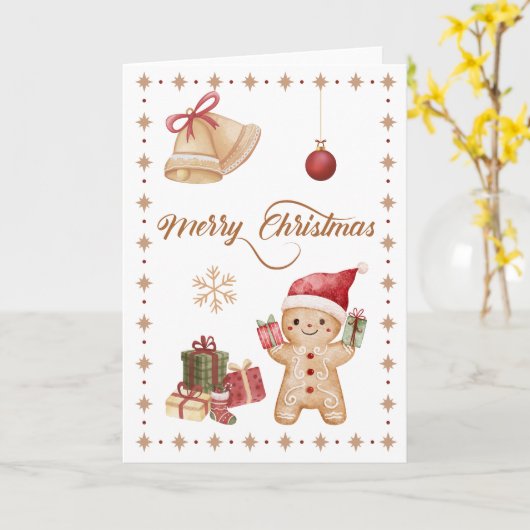 かわいいジンジャーブレッドマンの水色「メリークリスマス」 カード (黄色い花)