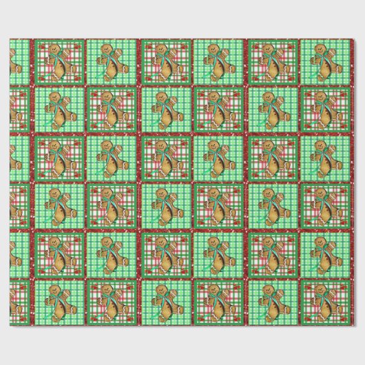 かわいいジンジャーブレッドマンはクリスマスのギフト用包装紙を修繕します ラッピングペーパー (フラット)