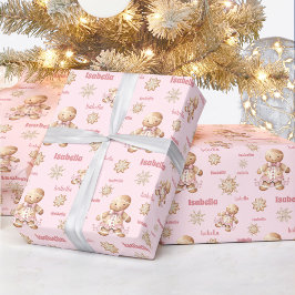かわいいジンジャーブレッドマンガールピンクの名前クリスマス ラッピングペーパー