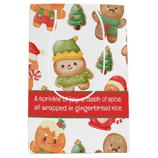 かわいいジンジャーブレッドマンクッキーズクリスマスホリデー ミディアムペーパーバッグ (正面)