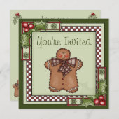 かわいいジンジャーブレッドマンクリスマスホリデーパーティー 招待状 (正面/裏面)