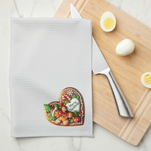 かわいいジンジャーブレッドマンハートメリークリスマス キッチンタオル (四つ折り)