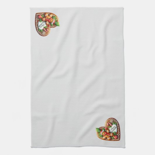 かわいいジンジャーブレッドマンハートメリークリスマス キッチンタオル (縦)