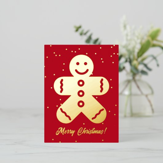 かわいいジンジャーブレッドマン金ゴールドフォイルクリスマスポストカード 箔シーズンポストカード (立ち正面)