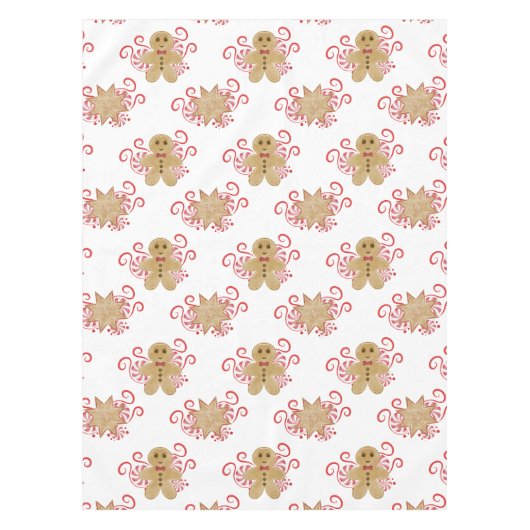 かわいいジンジャーブレッドマン&ペパーミントキャンディークリスマス テーブルクロス (正面)