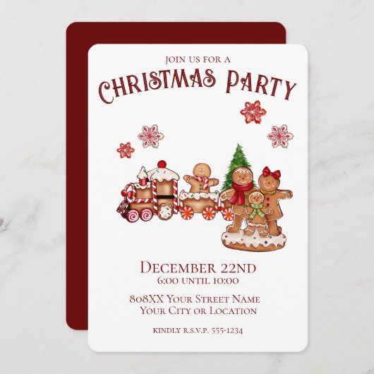 かわいいジンジャーブレッド列車と家族のクリスマスパーティー 招待状 (正面/裏面)